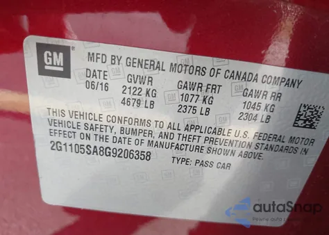 2016 Chevrolet Impala 1Lt z USA, uszkodzony, nr VIN 2G1105SA8G9206358